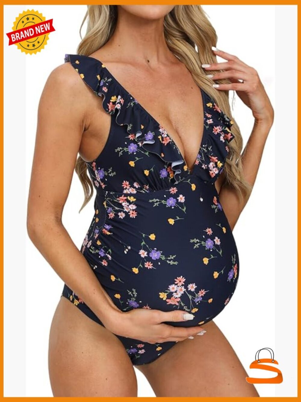 Maternity One Piece Swimsuit Deep V Neck Ruffle Back Ruched Adjustable Straps
